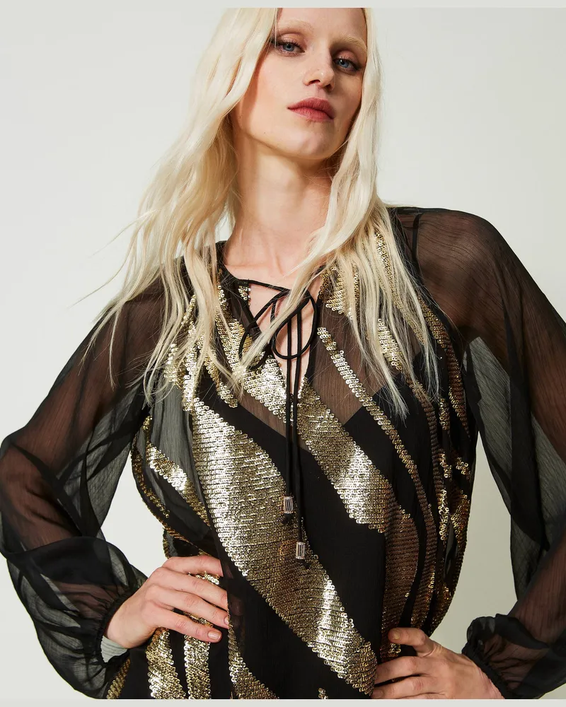 Twin-Set Bademode - Bluse mit Stickerei im Animalstil, Schwarz, Paillettes, Größe: L 