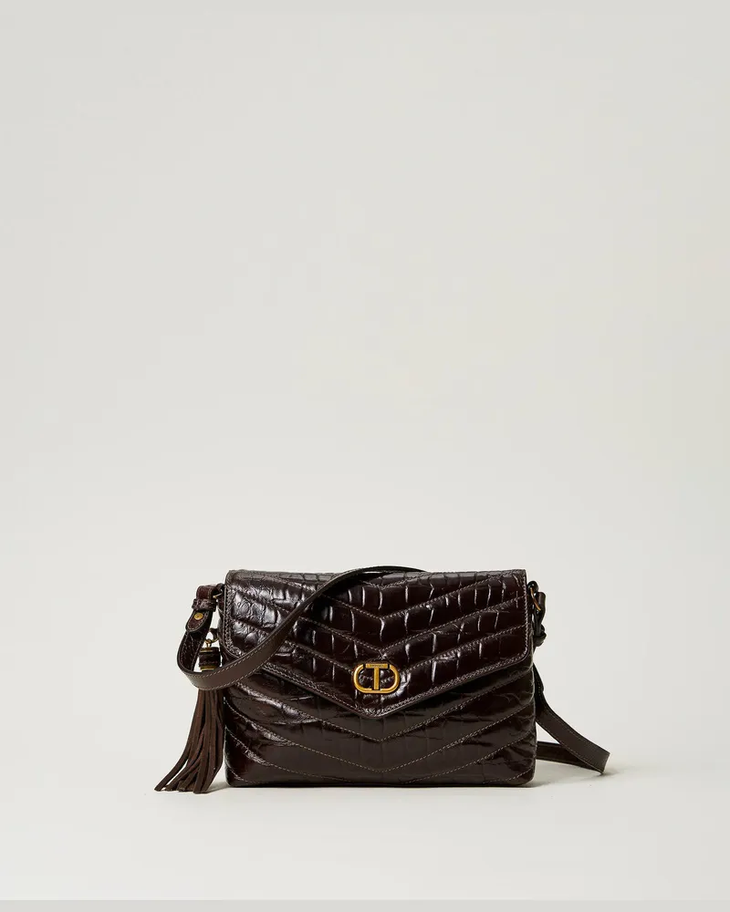 Twin-Set Taschen - Mittelgroße Umhängetasche „Dreamy" aus Leder mit Krokoprägung, Kuvertürenbraun, Einheitsgröße 