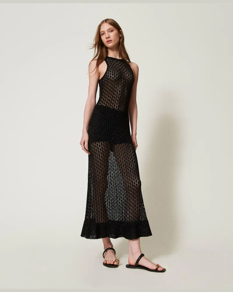 Twin-Set Bademode - Maxikleid in Netzoptik aus Lurexgestrick, Schwarz, Größe: XL 