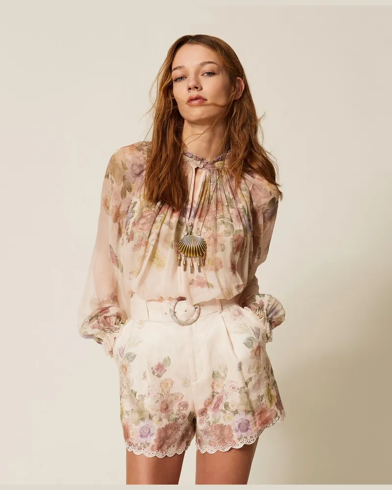 Twin-Set Blusen - Bluse aus Krepon mit floralem Motiv, Print Wildflowers Pastel Color, Mit Blumen, Größe Print