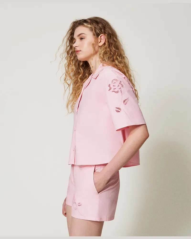 Twin-Set Hemden - Cropped-Hemd aus Popeline mit Stickerei, Crystal Rose, Baumwolle, Größe Crystal