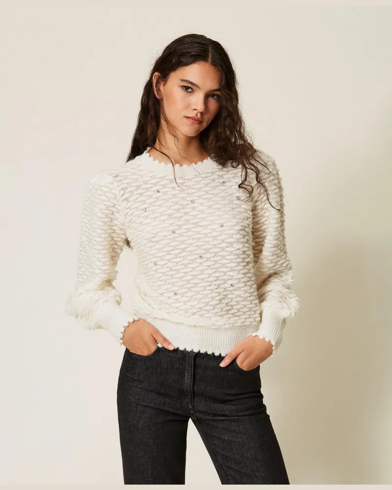 Twin-Set Pullover aus Garn mit Stickerei, Damen, Weiß Schnee Weiß