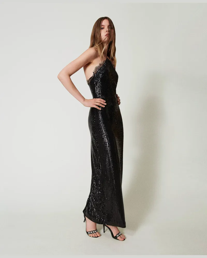 Actitude by Twinset Kleider - Maxikleid aus Pailletten mit Spitze, Schwarz, Paillettes, Größe Schwarz