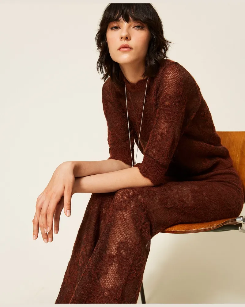 Twin-Set Jacquard-Strickhose aus Alpakamischung, Damen, "Cherry Wood-Braun Cherry