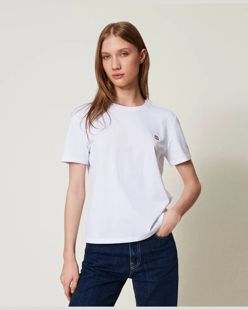 Twin-Set T-Shirts - T-Shirt mit „Oval T"-Strassplakette, Weiß, Größe: XXL 