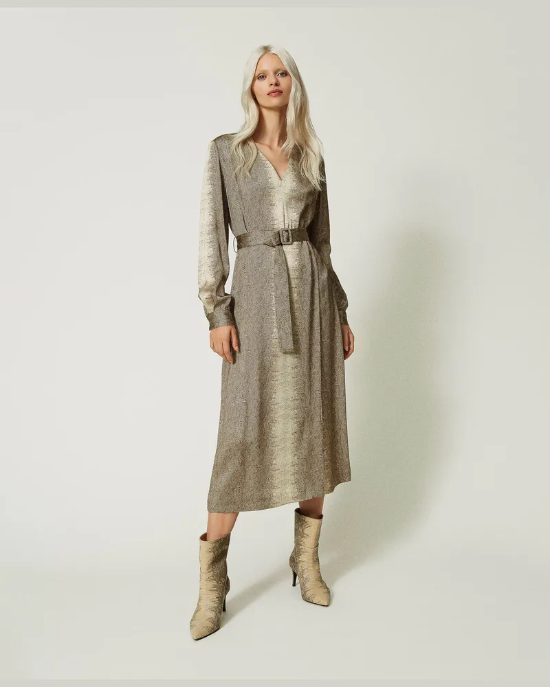 Twin-Set Kleider - Maxikleid aus Satin mit Eidechsenprint, Lizardprint, Animal, Größe Lizardprint