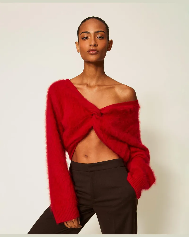 Twin-Set Pullover aus gebürsteter Wolle mit Knoten Bloody