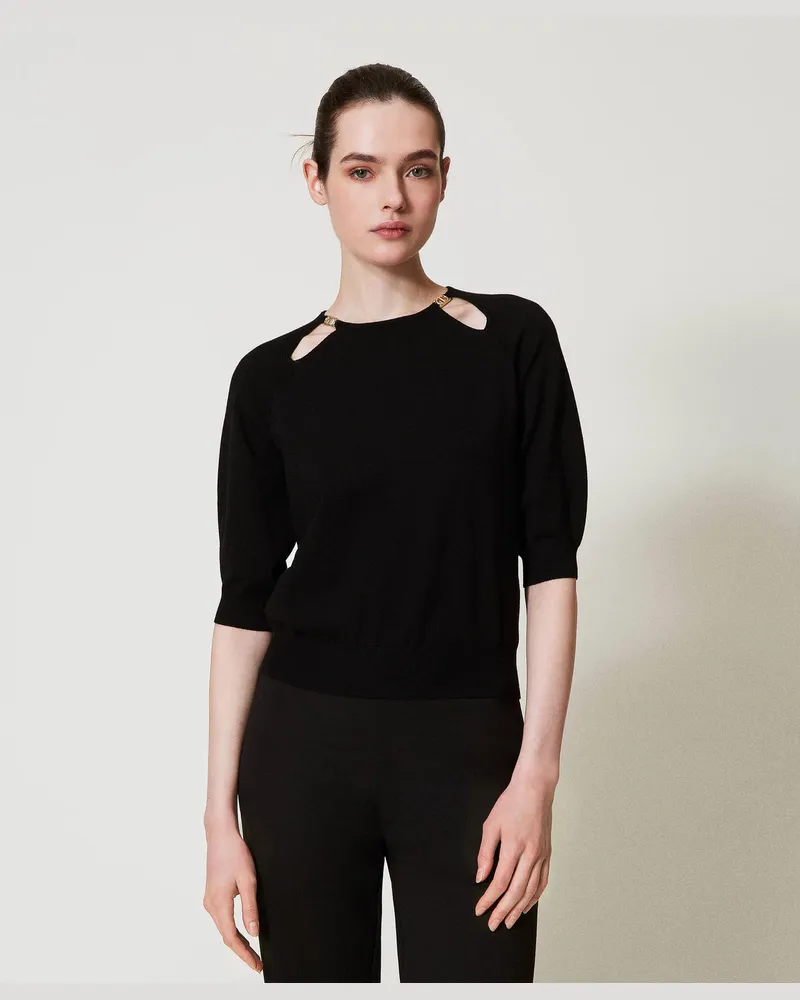 Twin-Set Pullover mit Cut-outs und Oval T, Schwarz, Größe: XXL 