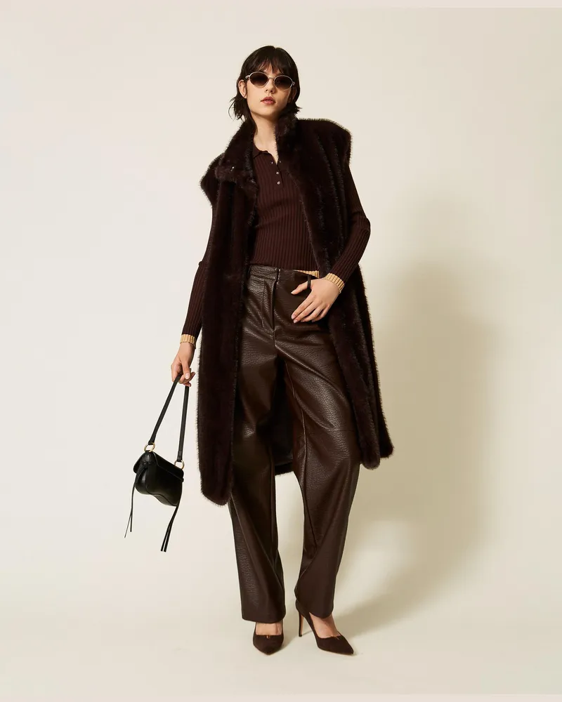 Twin-Set Weit geschnittene Hose in Lederoptik, Damen, Chocolate Plum Chocolate