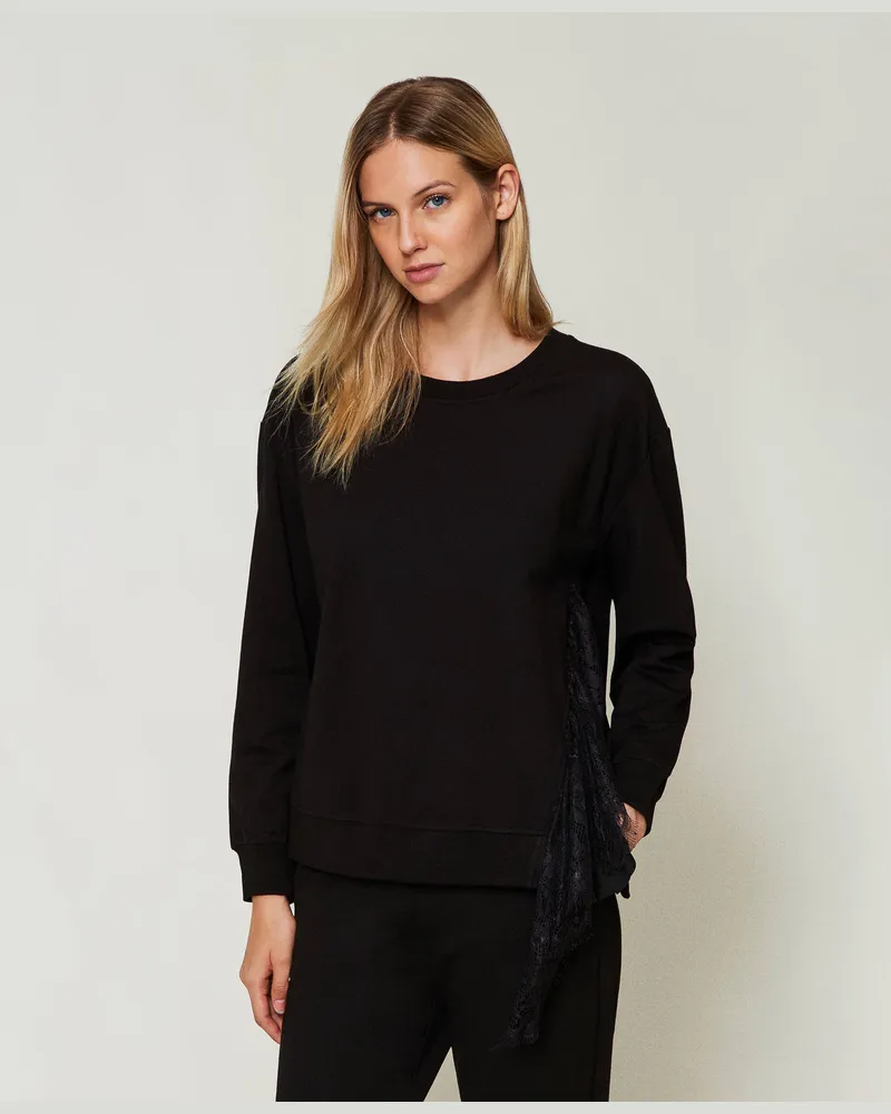 Twin-Set Sweatshirts und -jacken - Sweatshirt mit Plissees und Spitze, Schwarz, Größe: M 