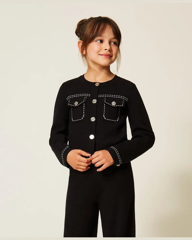 Twin-Set Strickjacke mit Nahtdetails, Damen, Schwarz / "Schneeweiße" Steppnähte Schwarz