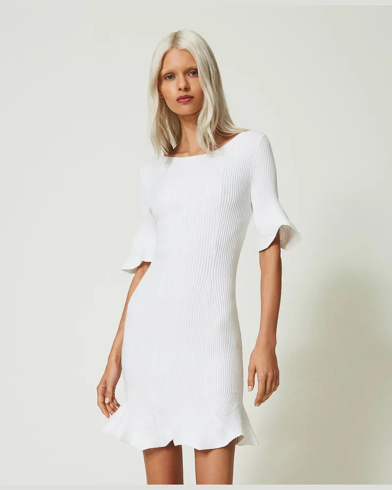 Actitude by Twinset Kleider - Kurzes Rippenkleid mit Rüschen, "Papers"-Weiß, Größe Papers-weiß