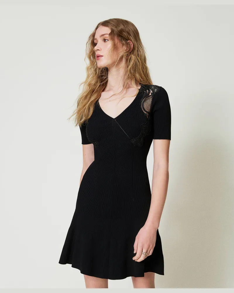 Twin-Set Kleider - Kurzes Strickkleid mit Spitze, Schwarz, Größe Schwarz