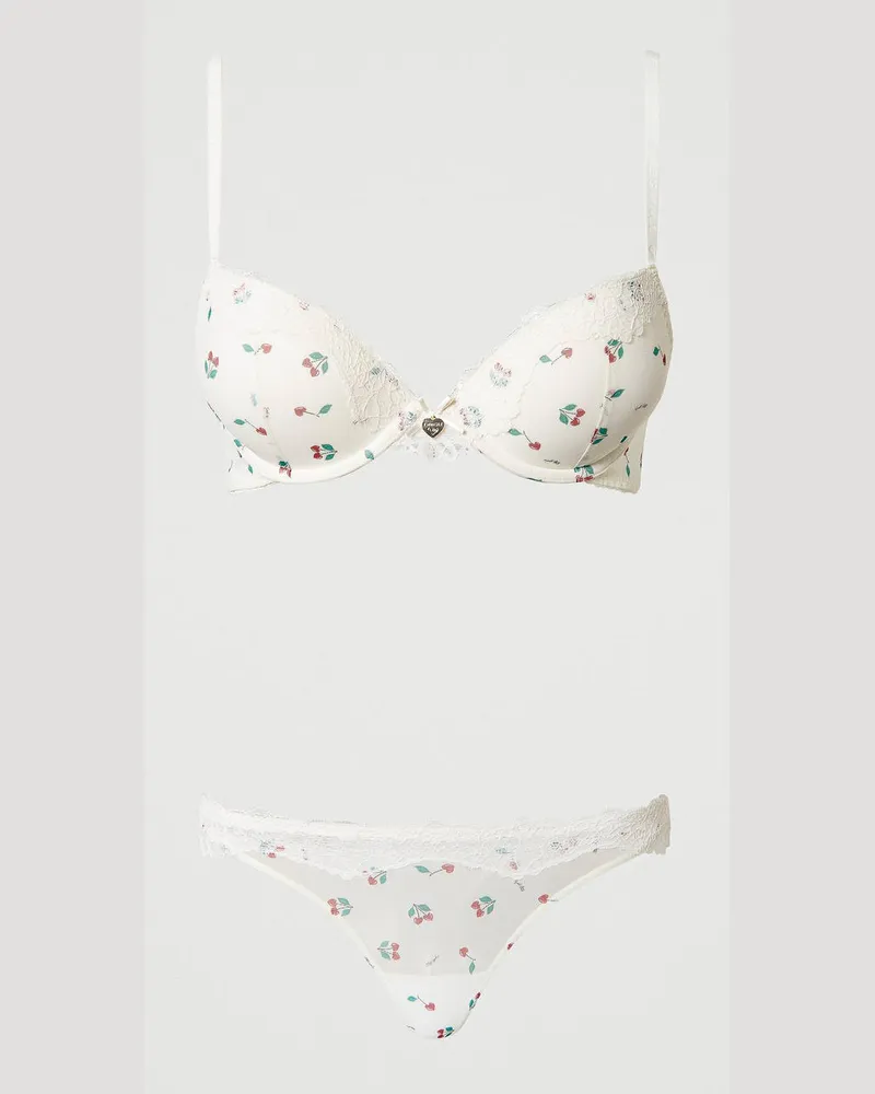 Twin-Set Unterwäsche - Triangel-BH und Tanga aus Tüll, Print Cherry / Antique White, Größe: 2-B 