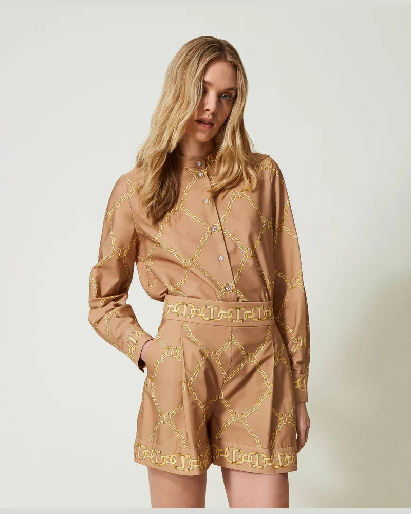 Twin-Set Hosen - Popelineshorts mit Kettenprint, Print Kettenmix Rand „Almond Milk"-Beige, Baumwolle, Größe Print