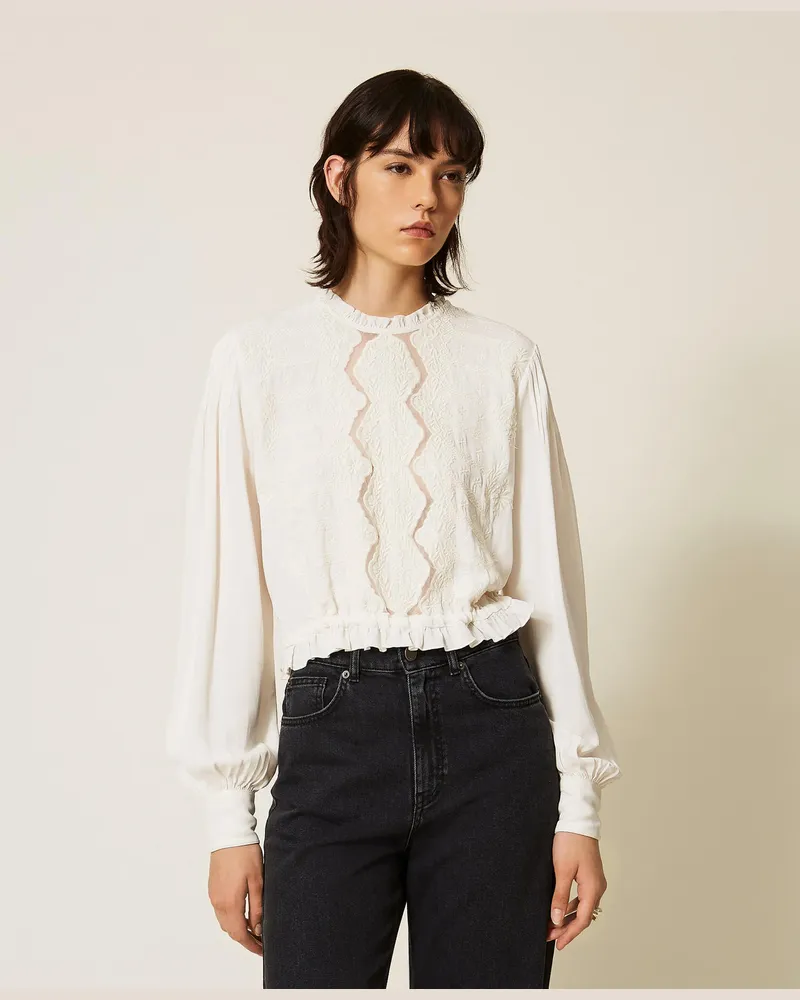 Twin-Set Crêpe-Bluse mit floralem Stickmotiv Perlmutt