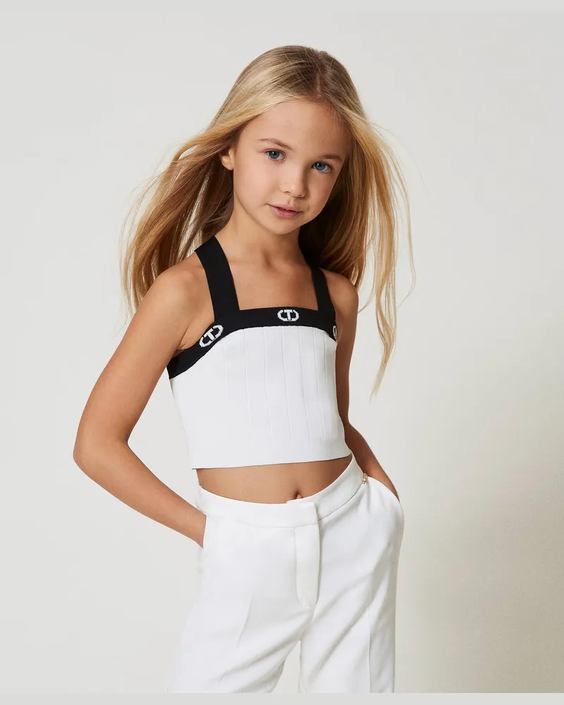 Twin-Set Tops - Geripptes Stricktop, Zweifarbig Eisweiß / Schwarz, Größe: 6A 