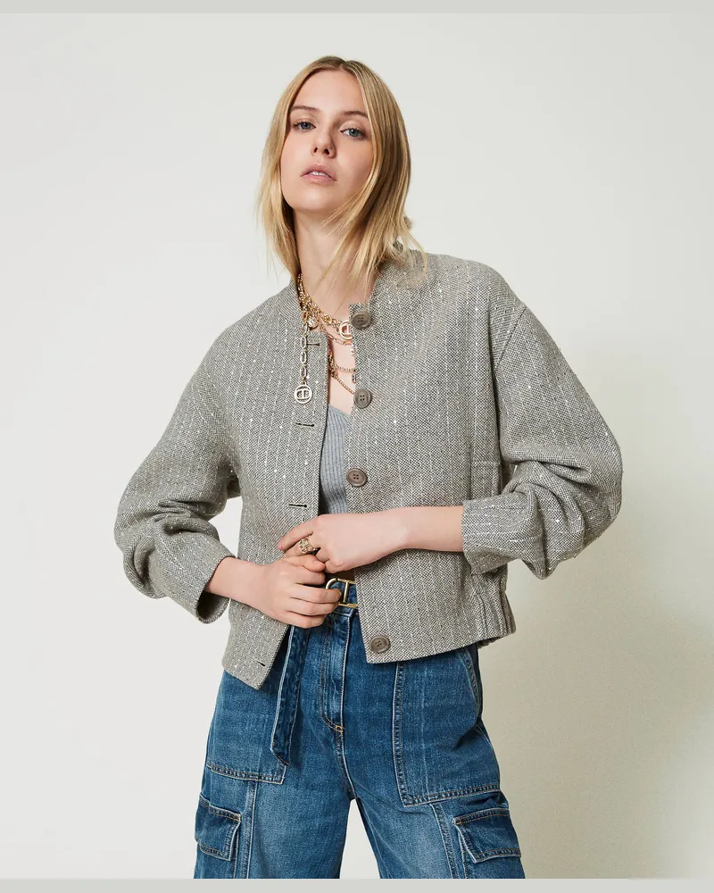 Twin-Set Jacken und Outerwear - Bomberjacke aus zweilagigem Tuch mit Pailletten, Nadelstreifen-Double Grau-Melange, Paillettes, Größe Nadelstreifen-double