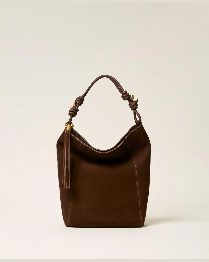 Twin-Set Beuteltasche aus Veloursleder, Damen, "Dark Coffee"-Braun Dark