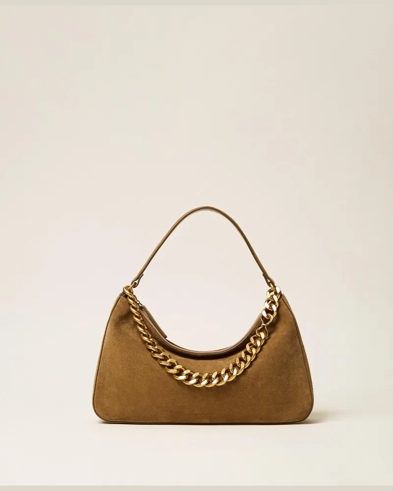 Twin-Set Mittelgroße Tasche Liliane aus Veloursleder, Damen, Olive Drab Olive