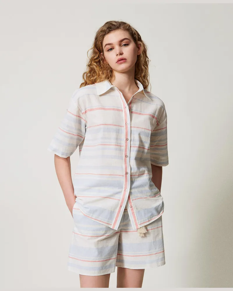 Twin-Set Bademode - Gestreiftes Hemd aus Leinenmischung, Streifen Sugar / Coral Sunset / Blue Topaz, Größe: XS 