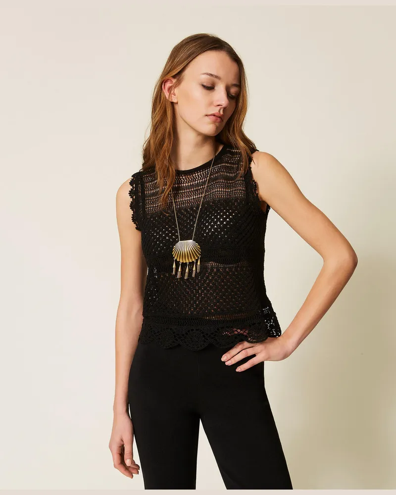Twin-Set Tops - Stricktop mit Strass, Schwarz, Baumwolle, Größe Schwarz