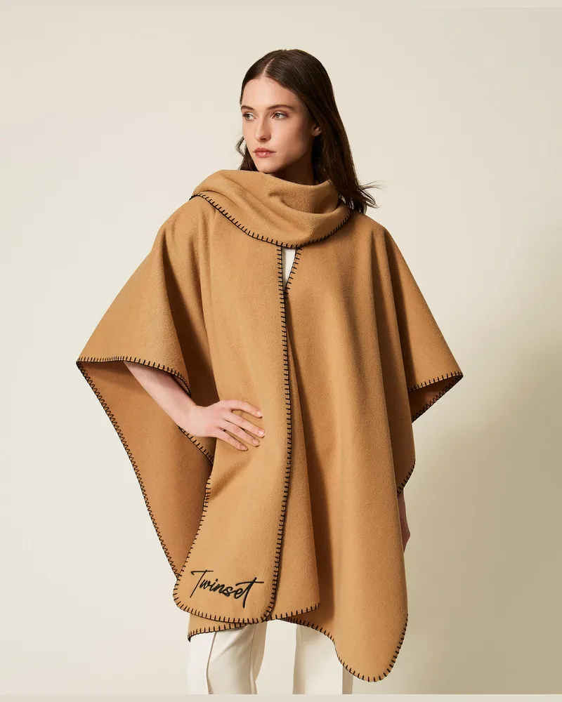 Twin-Set Jacken und Outerwear - Poncho aus Tuch mit Schal, Zweifarbig Alpakabraun / Schwarz, Einheitsgröße Zweifarbig