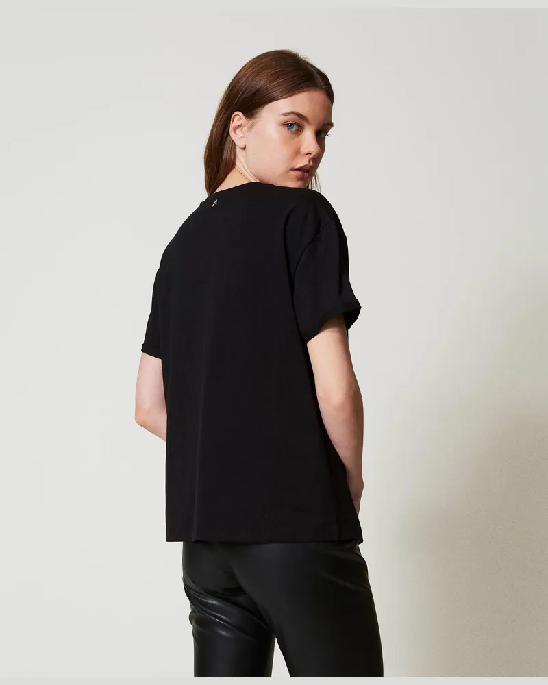 Actitude by Twinset T-Shirts - T-Shirt mit Lurex-Logo, Schwarz, Baumwolle, Größe Schwarz