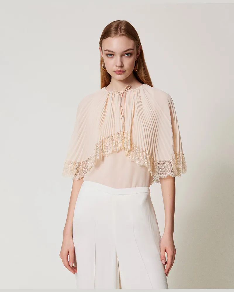 Twin-Set Blusen - Plissierte Bluse „Filicudi" mit Spitze, Pretty Pink, Plissee, Größe Pretty