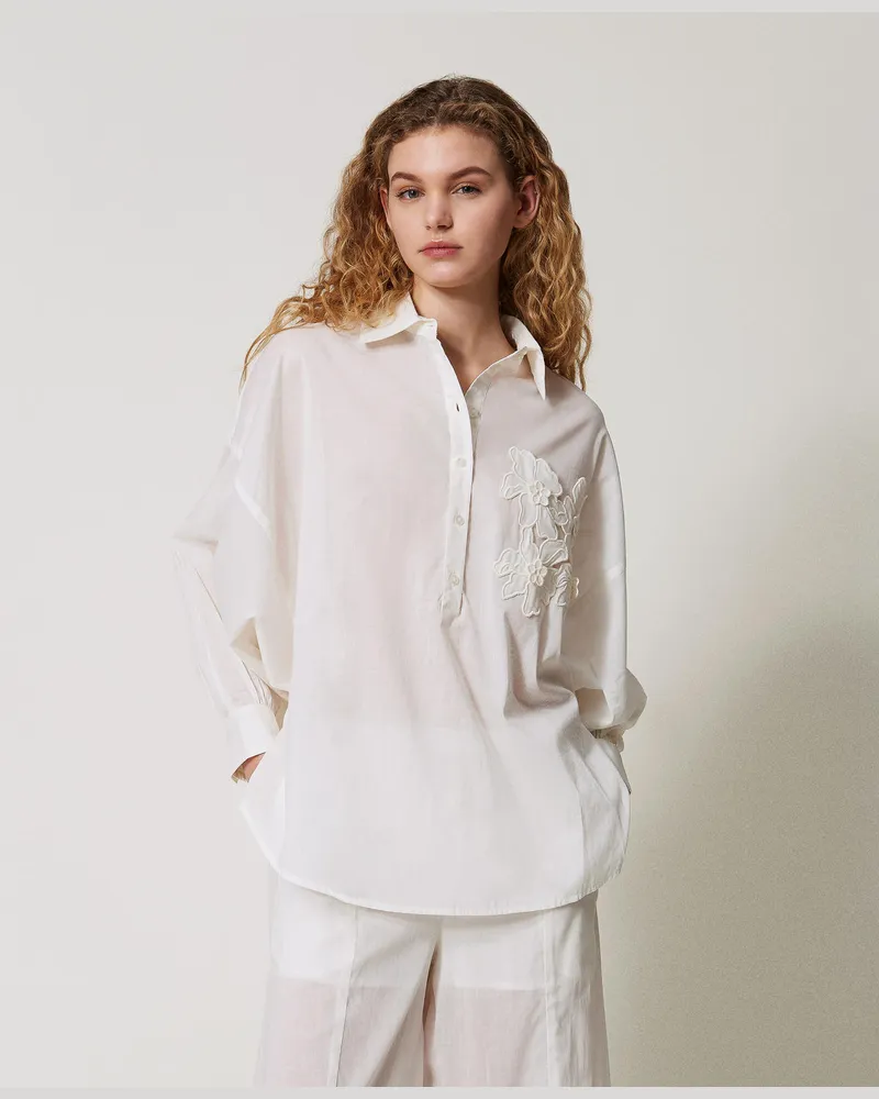 Twin-Set Bademode - Bluse aus Musselin mit bestickten Blumen, Sugar Weiß, Baumwolle, Größe: XL 