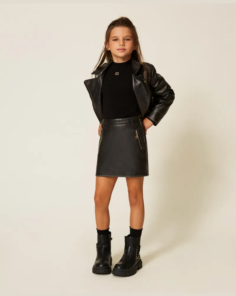 Twin-Set Röcke - Minirock aus Lederimitat mit Taschen, Schwarz, Lederoptik, Größe: 8A 