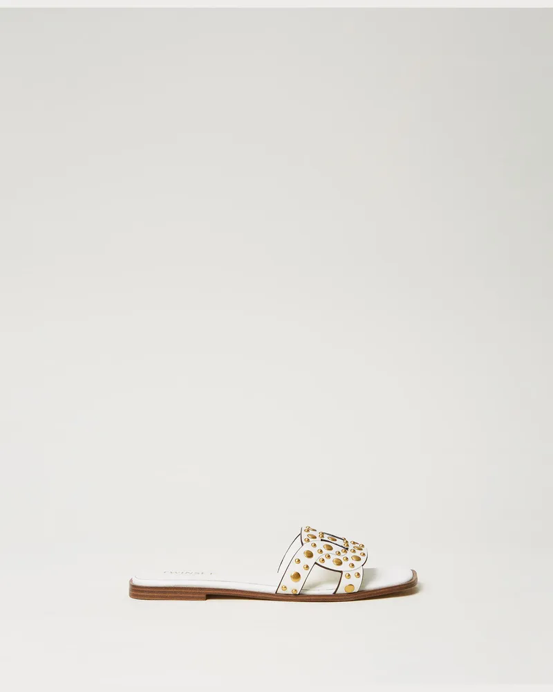 Twin-Set Schuhe - Slide-Pantolette aus Leder mit Nieten, Weiß Schnee, Größe Weiß