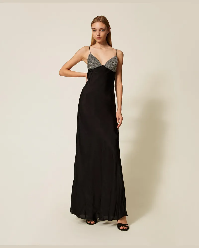 Twin-Set Kleider - Langes Kleid aus Satin mit Stickerei, Schwarz, Größe Schwarz