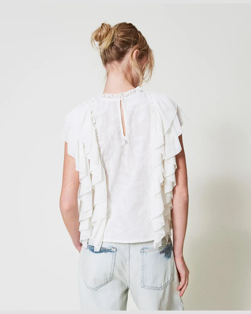 Actitude by Twinset Blusen - Bluse aus Musselin mit Rüschen und Stickerei, Sugar Weiß, Baumwolle, Größe Sugar