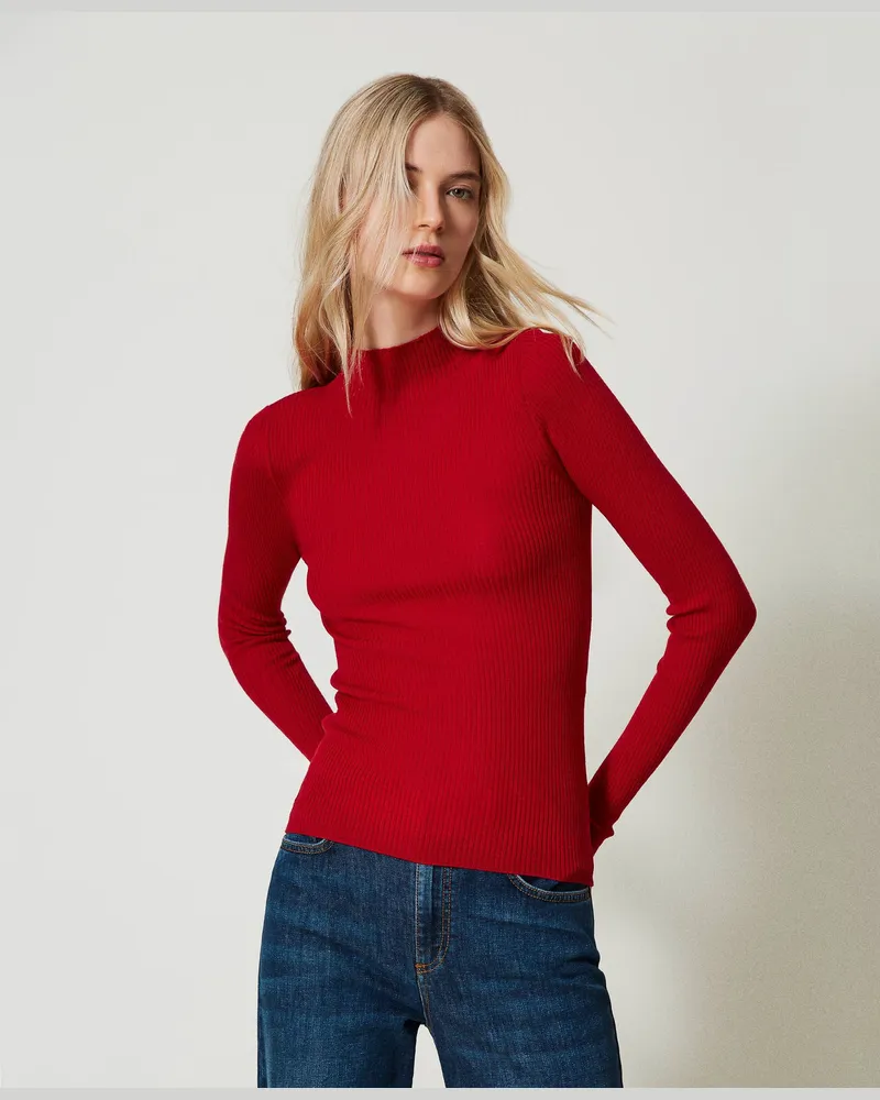 Twin-Set Nahtloser Stehkragenpullover aus Wolle, Venedigrot, Größe: XXL 