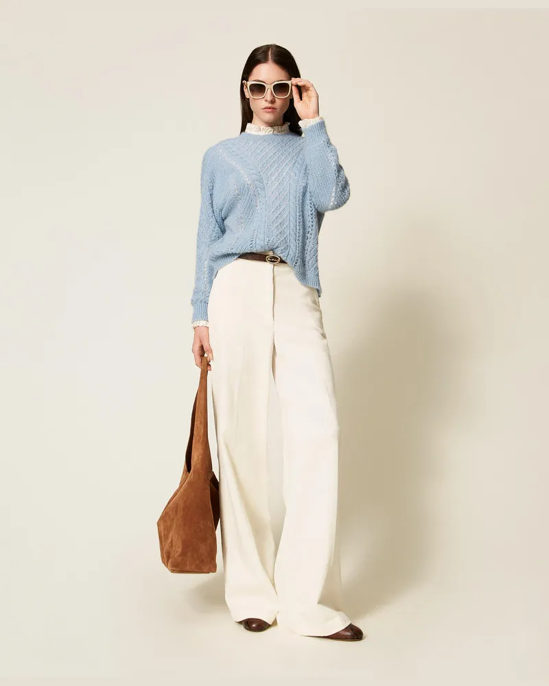 Twin-Set Pullover aus Mohairmischung mit Lochmuster, Helles Blue Jasmine, Größe: XXL 