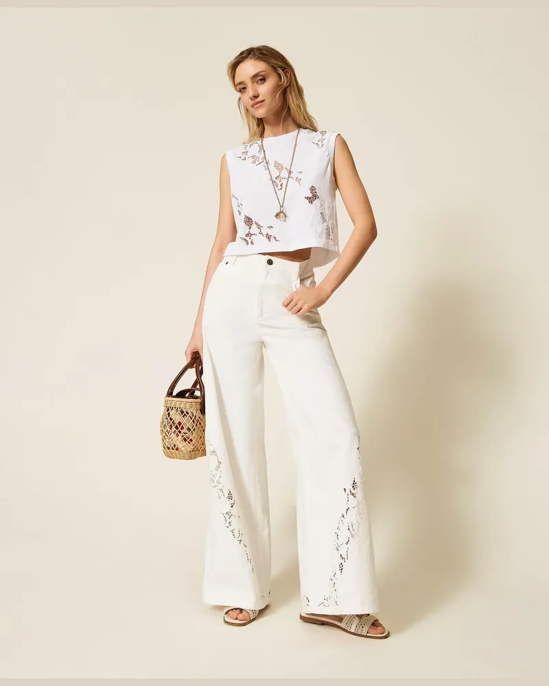 Twin-Set T-Shirts - T-Shirt mit Lochstickerei, Weiß, Baumwolle, Größe Weiß