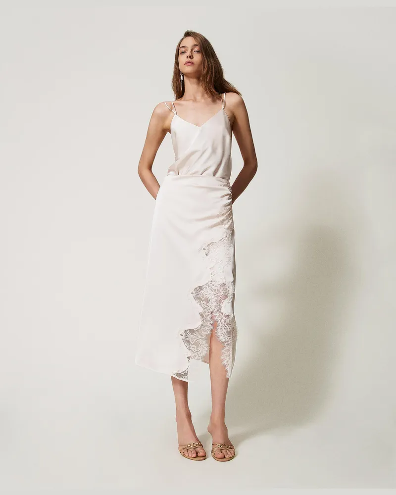 Twin-Set Röcke - Midirock aus Satin und Spitze, „Old White", Größe „old