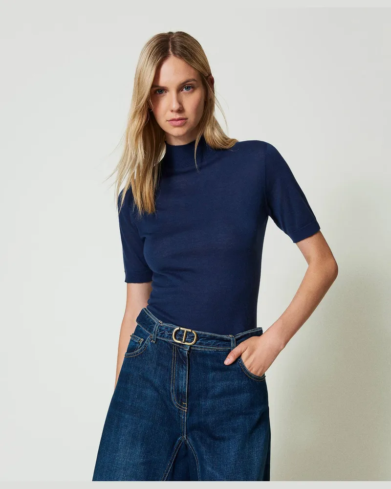 Twin-Set Stehkragenpullover aus Seide und Kaschmir, Indigo, Größe: XXL 