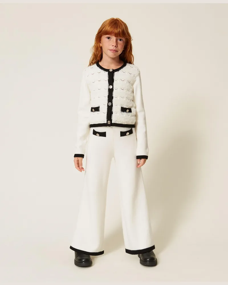 Twin-Set Strickhose mit Knöpfen und Profilen, Damen, Zweifarbig Schneeweiß / Schwarz Zweifarbig