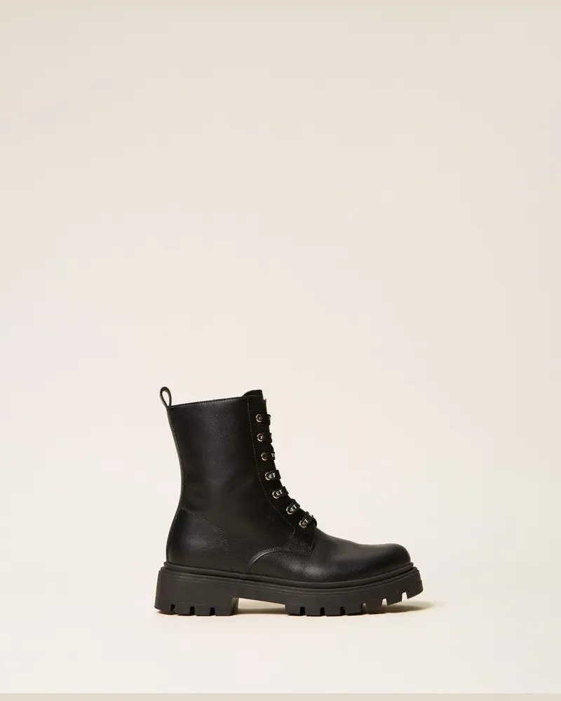 Twin-Set Schnürstiefelette aus Leder mit Logo, Damen, Schwarz Schwarz