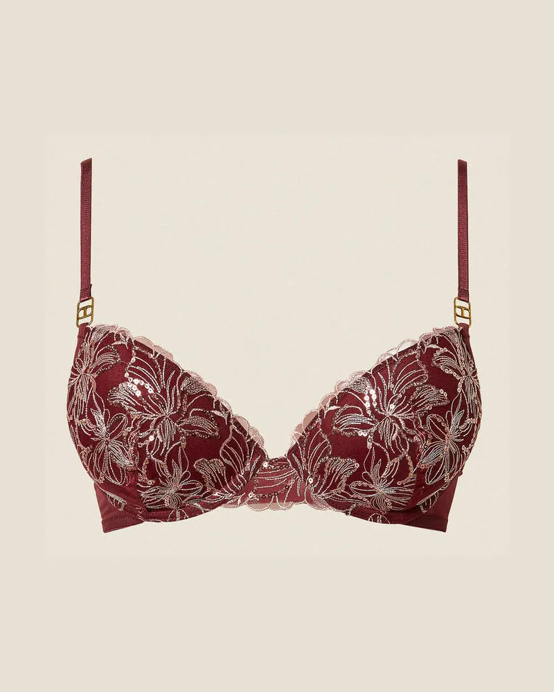 Twin-Set Unterwäsche und Nachtwäsche - Push-up-BH mit floraler Stickerei, Zweifarbig Spitze Red Wine / Pink Dust, Paillettes, Größe Zweifarbig