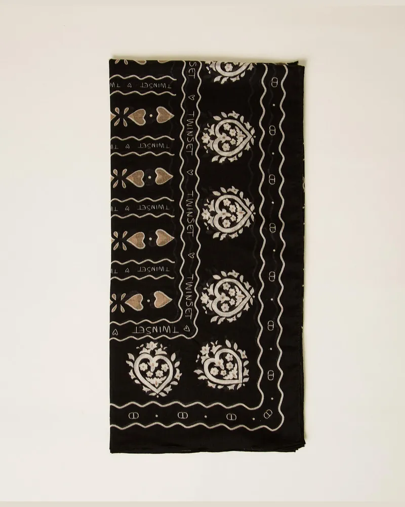 Twin-Set Accessoires - Tuch mit Herz-Print und „Oval T", Schwarz, Wolle, Einheitsgröße Schwarz