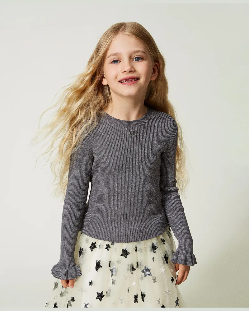 Twin-Set Figurbetonter Pullover aus Lurexgarn, Rauch-Melange, Größe: 8A 