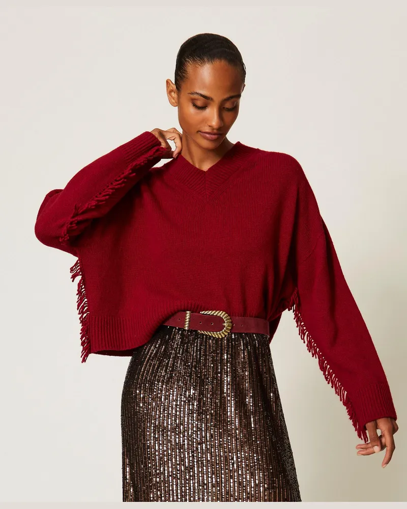 Twin-Set Pullover aus Wollmischung mit Fransen, Damen, Bloody Mary Dunkel Bloody