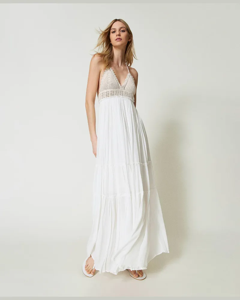 Twin-Set Bademode - Maxikleid aus Krepon und Häkelarbeiten, Zweifarbig Star White / „Shell"-Beige, Baumwolle, Größe: XL 