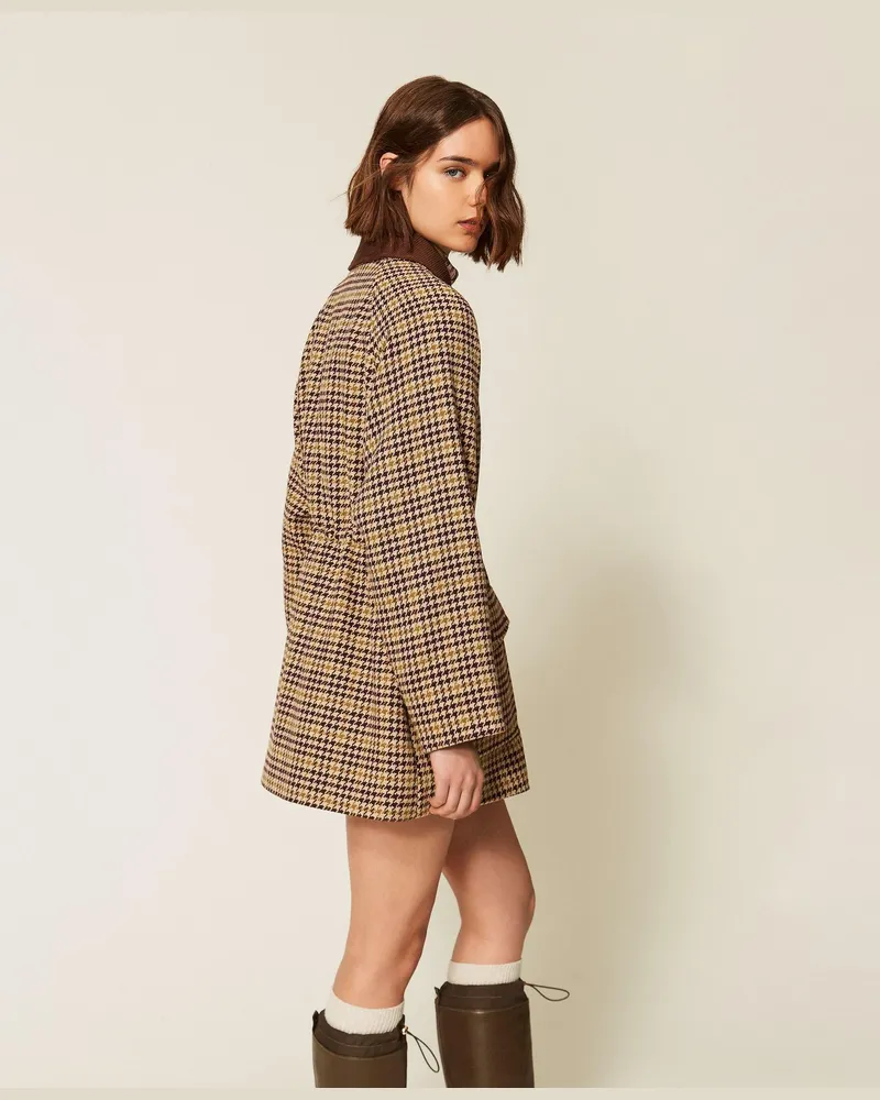 Twin-Set Jacquard-Parka mit Hahnentrittmuster, Damen, Hahnentrittmuster Multicolor Hahnentrittmuster