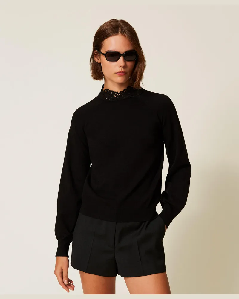 Twin-Set Stehkragenpullover mit Spitze, Schwarz, Größe Schwarz