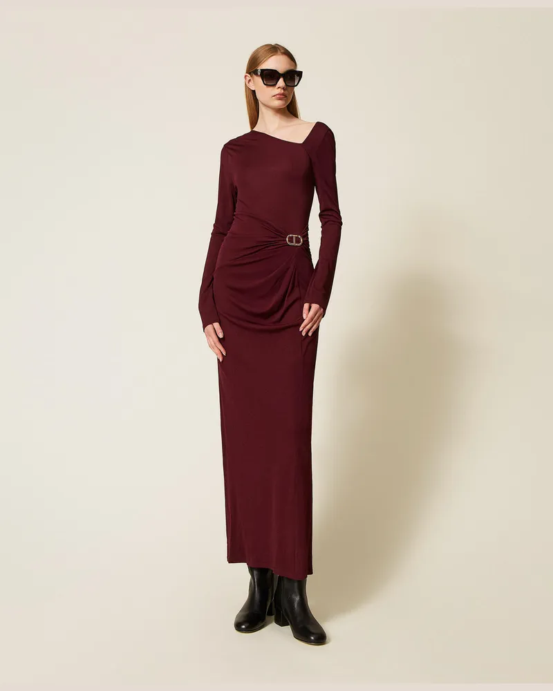 Twin-Set Kleider - Midikleid mit Faltenwurf und Oval T, „Winetasting"-Violett, Jersey, Größe „winetasting“-violett