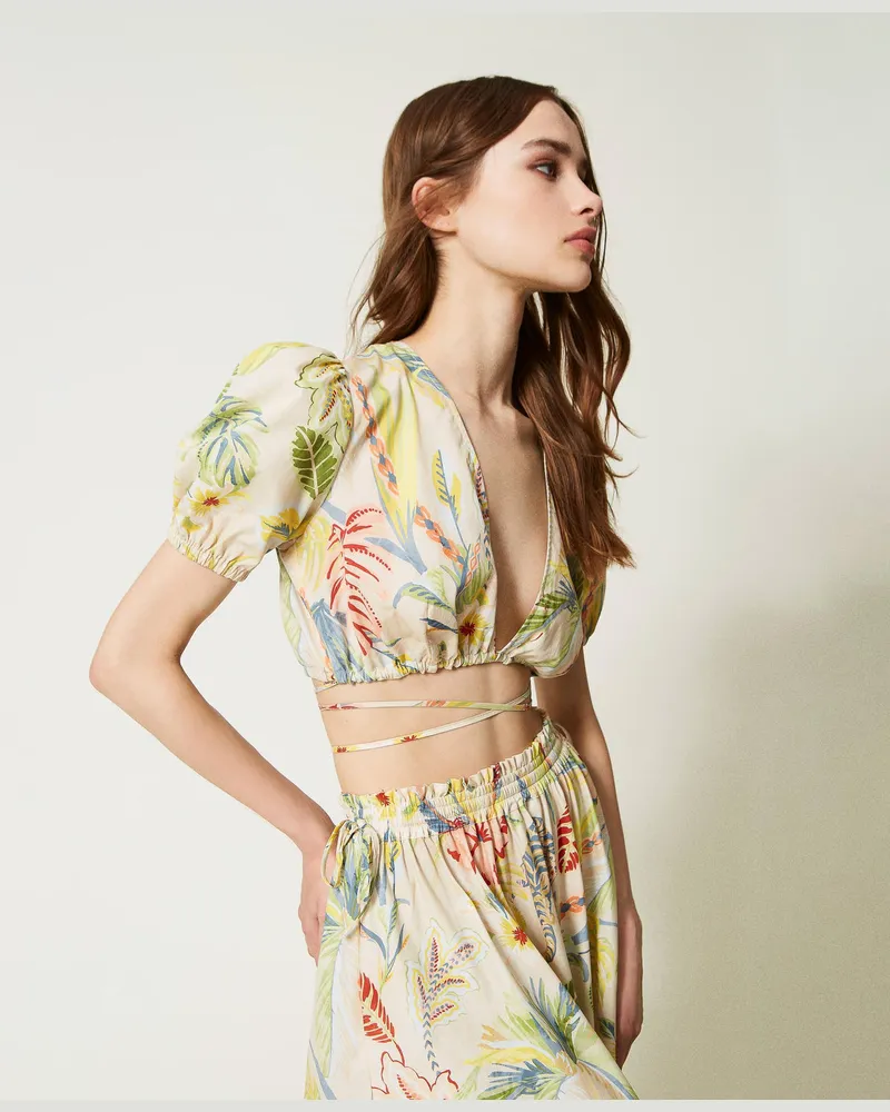 Twin-Set Tops - Cropped Top aus bedrucktem Popeline, Dschungelprint Elfenbein / Multicolor, Baumwolle, Größe: 50 